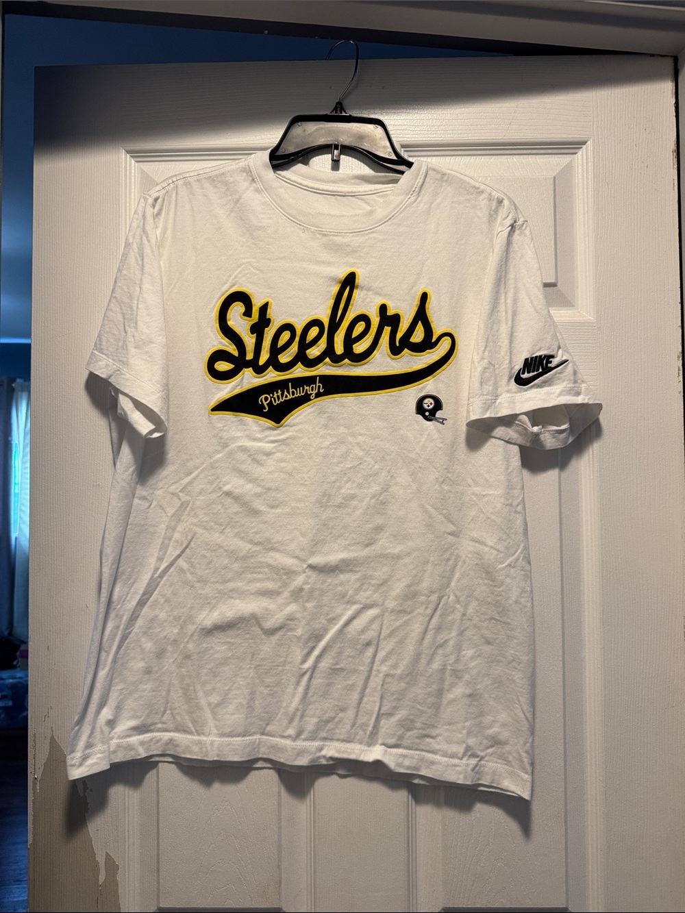 Nike White Pittsburgh Steelers Script Tee with Yellow and Black Accents